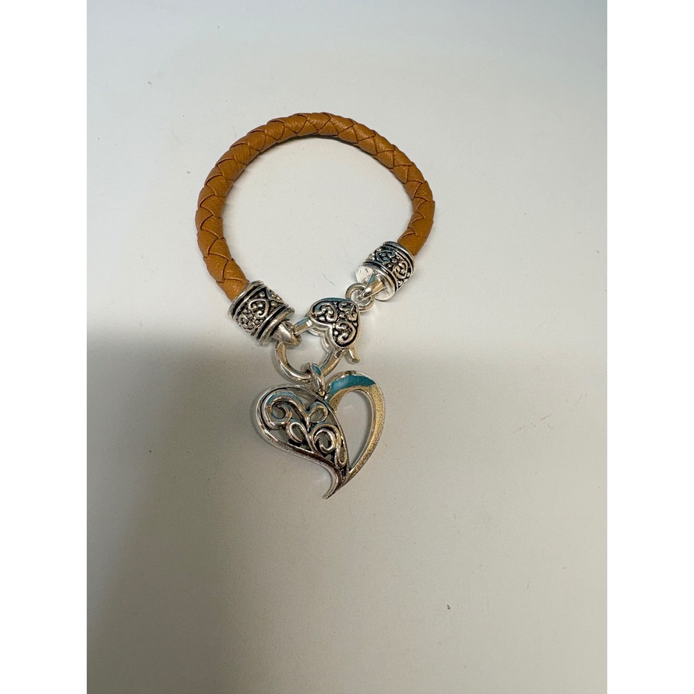 Tan‎ Braided Leather Heart Charm Bracelet Silver Tone Filigree Boho